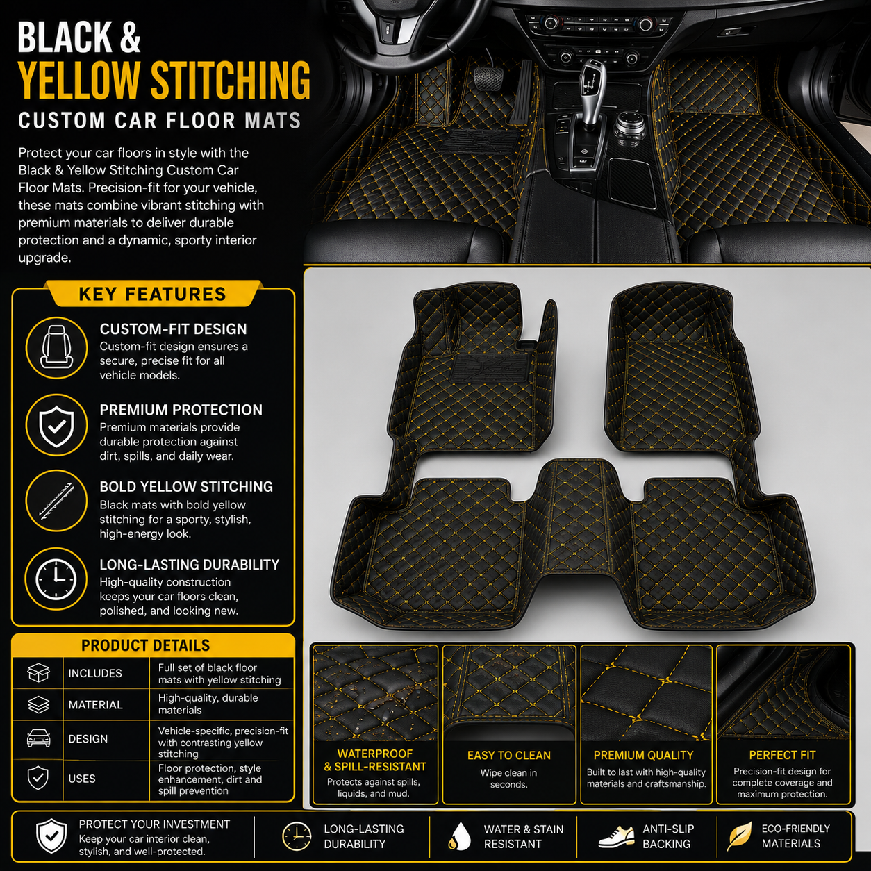 Black & Yellow Stitched Diamond-Quilted Leather Floor Mats – Custom-Fit
