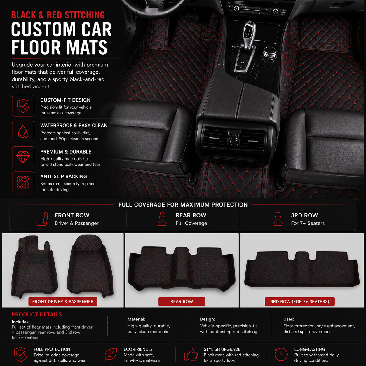 Black & Red Stitching Custom Car Floor Mats