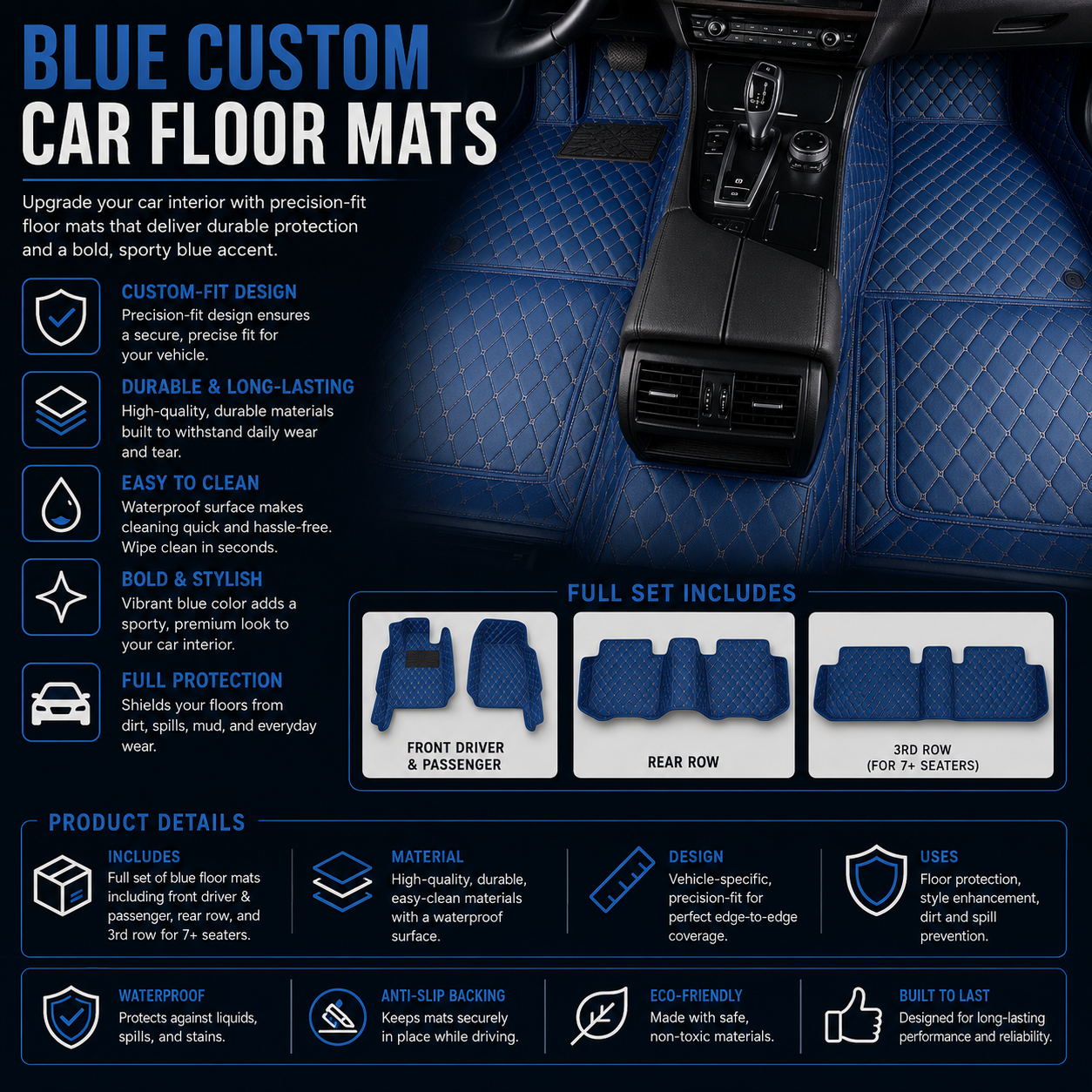 Sapphire Blue Diamond-Quilted Leather Floor Mats – Custom-Fit