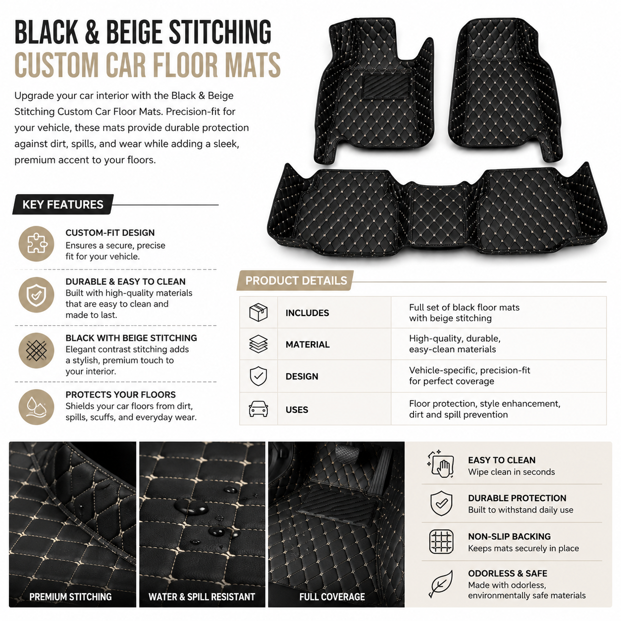 Black & Beige Stitched Diamond-Quilted Leather Floor Mats – Custom-Fit