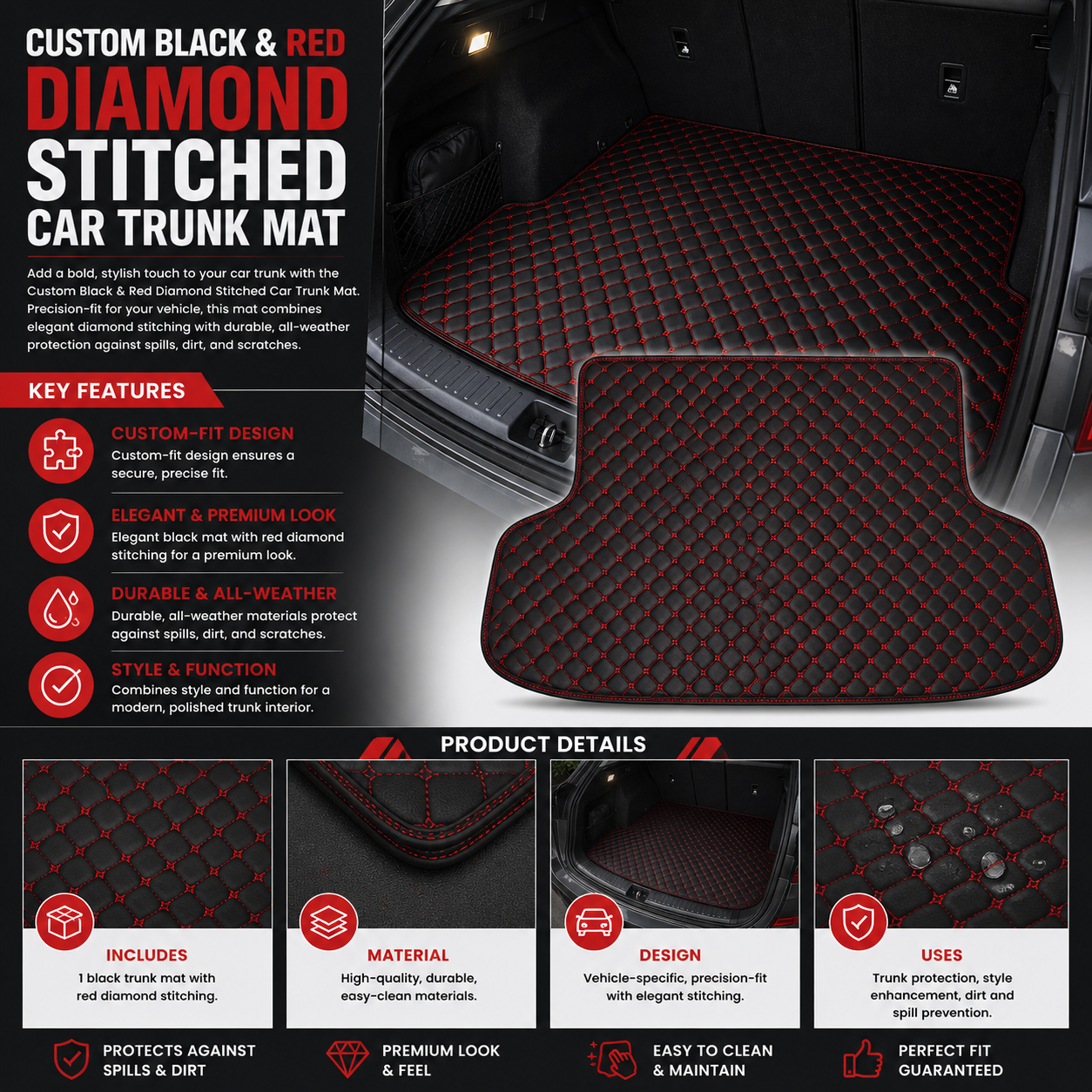 Custom Black & Red Diamond Stitched Car Trunk Mat