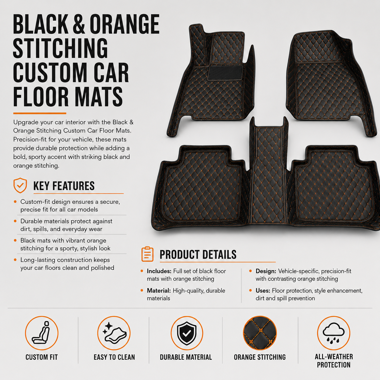 Black & Orange Stitching Custom Car Floor Mats