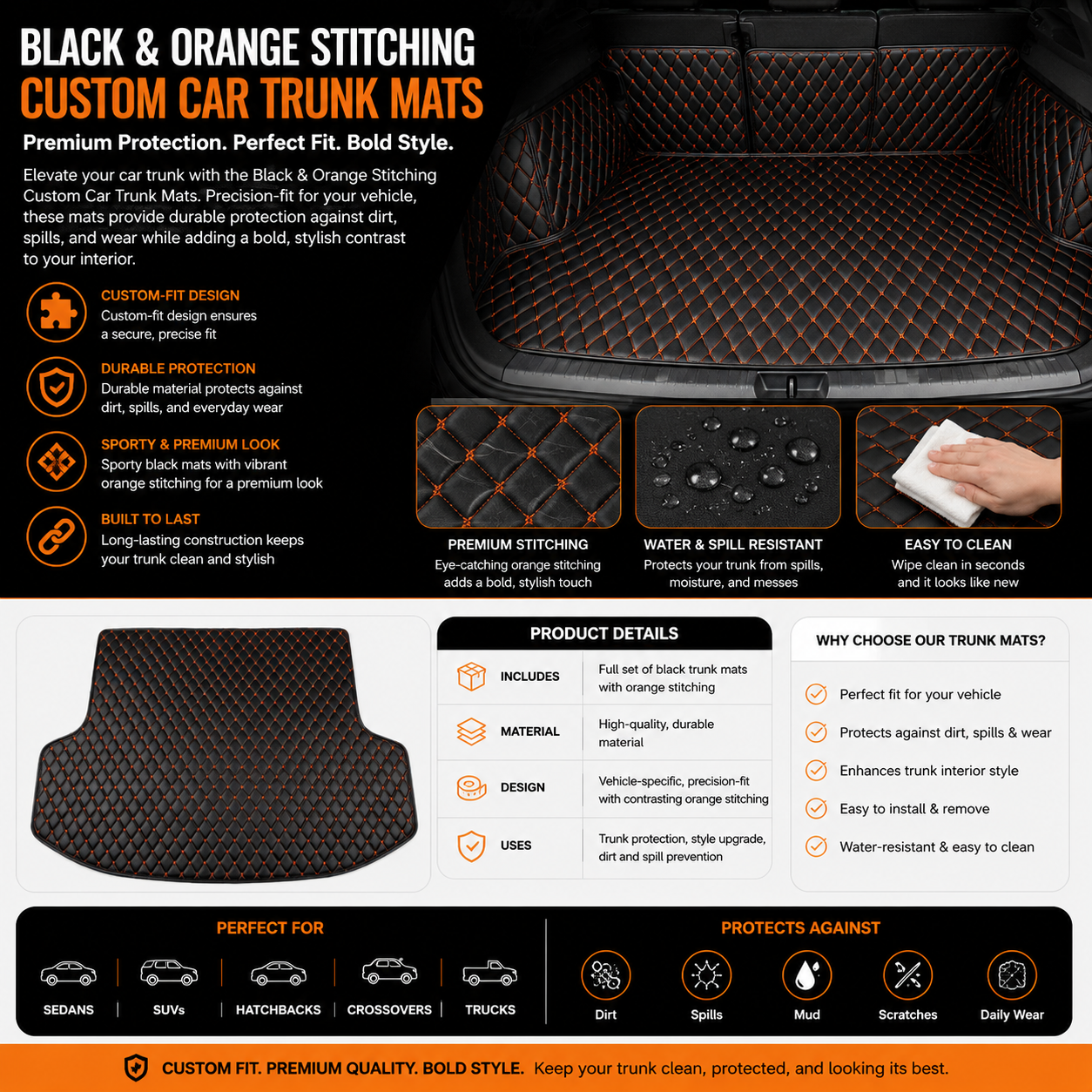 Black & Orange Stitching Custom Car Trunk Mats