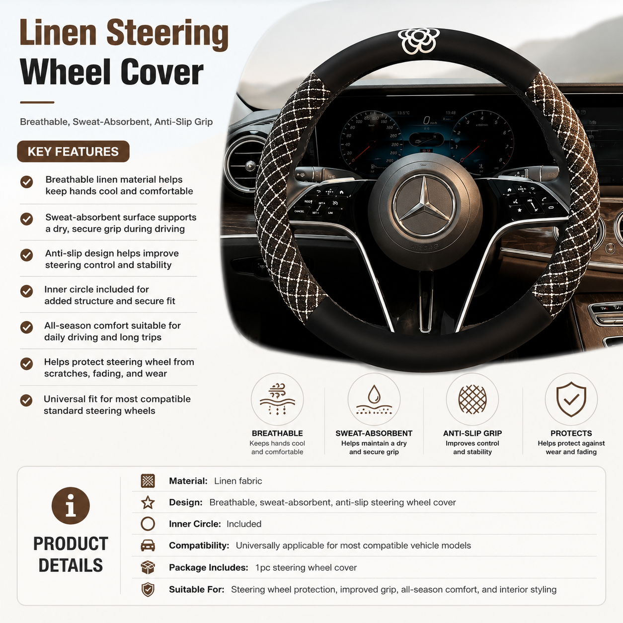 Linen Steering Wheel Cover with Inner Circle