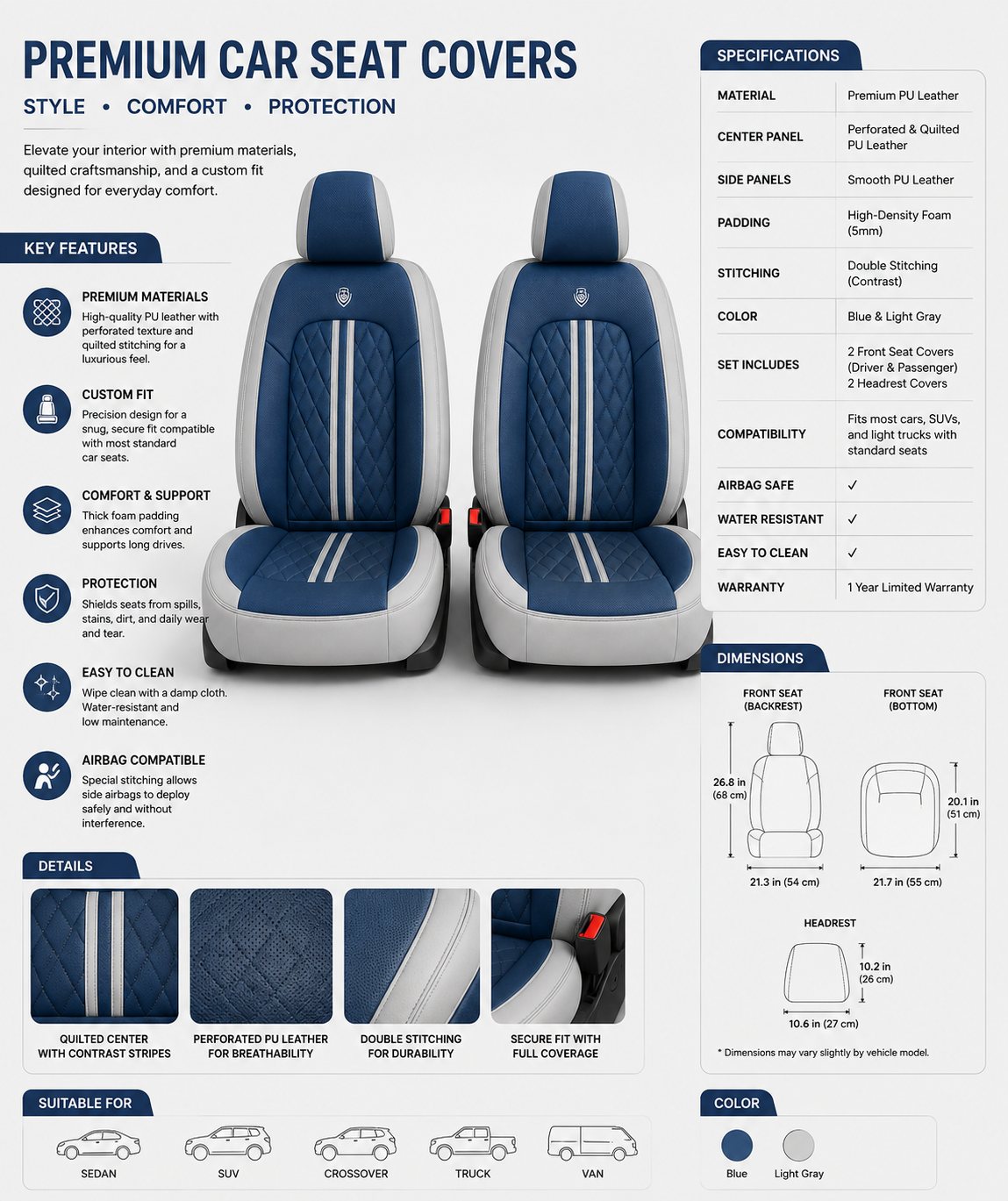Blue & Gray Car Seat Covers