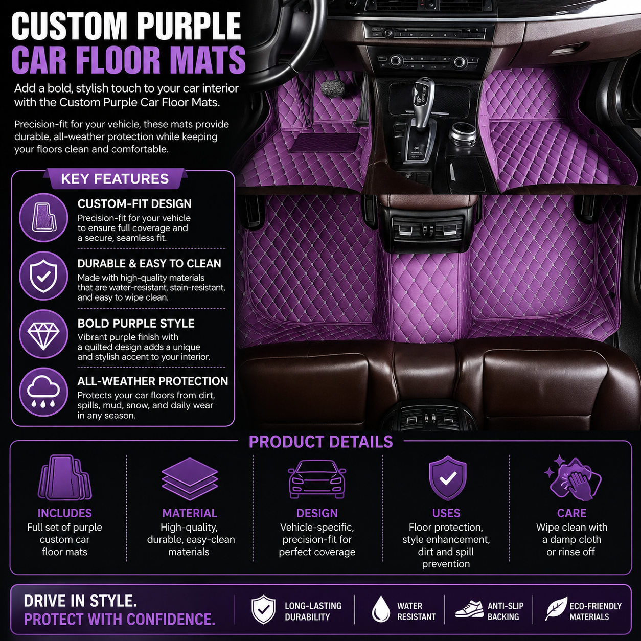 Royal Purple Diamond-Quilted Leather Floor Mats – Custom-Fit