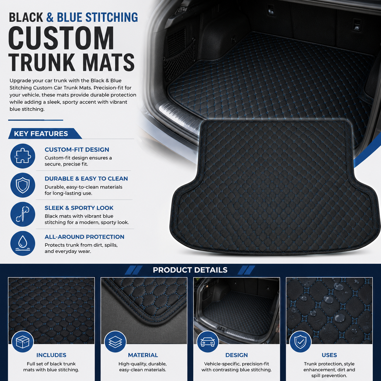 Black & Blue Stitching Custom Car Trunk Mats