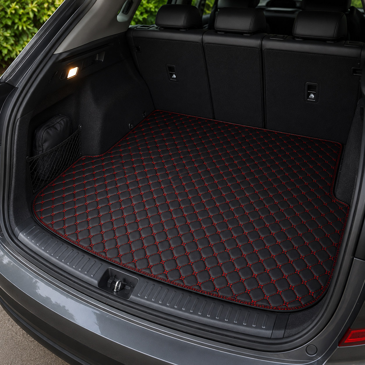 Custom Black & Red Diamond Stitched Car Trunk Mat