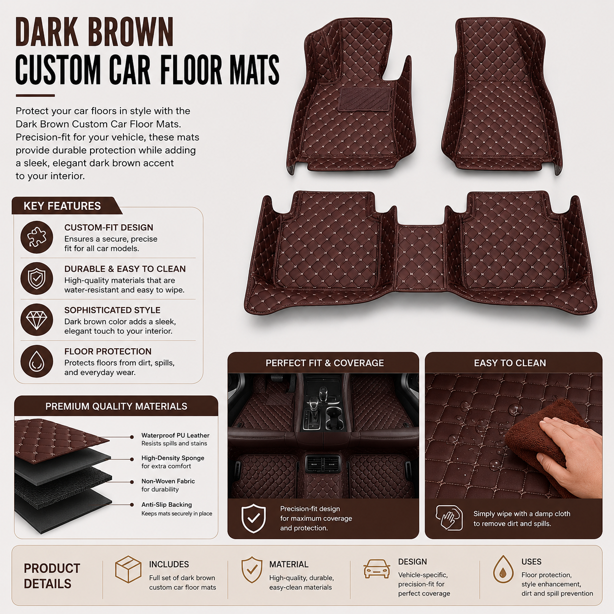 Espresso Brown Diamond-Quilted Leather Floor Mats – Custom-Fit