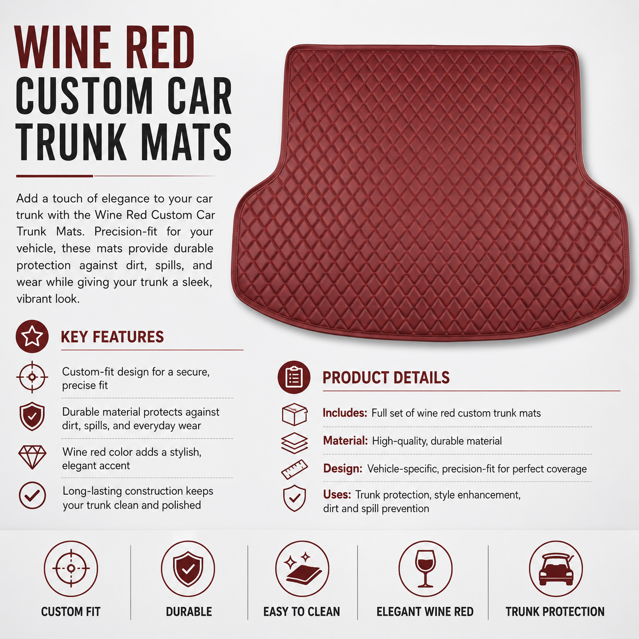 Wine Red Custom Car Trunk Mats