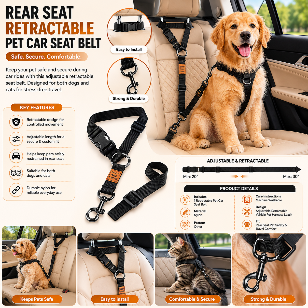 Rear Seat Retractable Pet Car Seat Belts