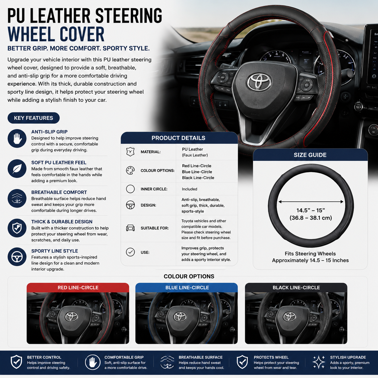Faux Leather Steering Wheel Cover for Toyota