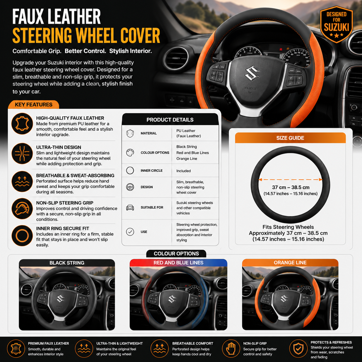 Suzuki Faux Leather Steering Wheel Cover
