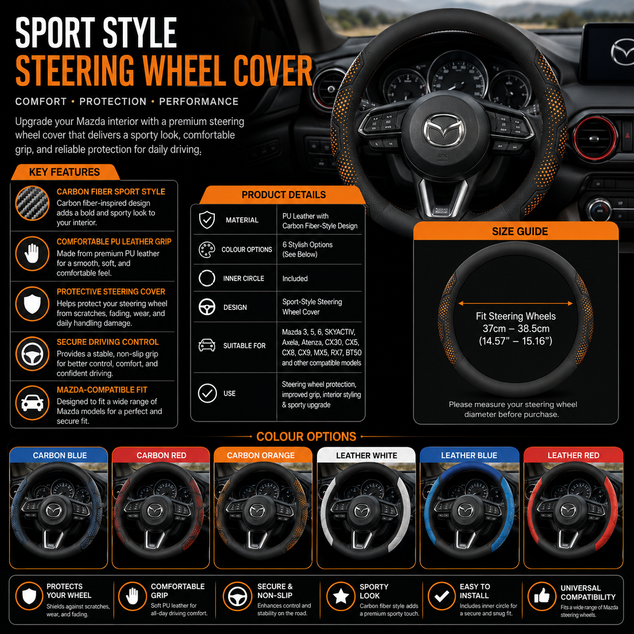 Mazda Carbon Fiber PU Leather Steering Wheel Cover