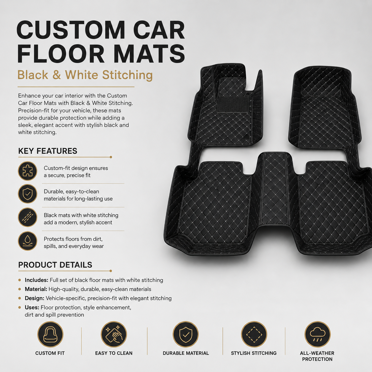 Custom Car Floor Mats with Black & White Stitching
