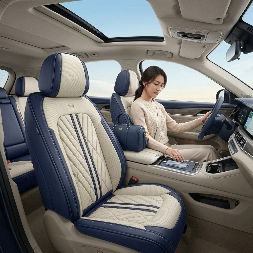 Beige & Blue Car Seat Covers